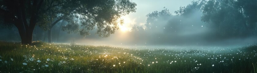 Fototapeta premium A misty meadow at dawn, with dewdrops on the grass