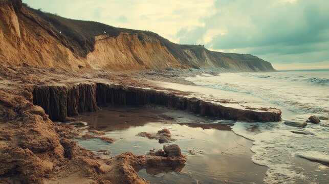 Scenic coastal landscape featuring cliffs, rocks, and serene ocean waves under a moody sky. Perfect for nature photography.