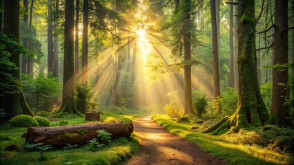 Serene Woodland Path Bathed in Golden Sunlight, a Magical Forest Scene