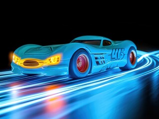 Futuristic Blue Race Car Speeding Through Neon Light Trails A Thrilling High-Speed Chase Cinematic Shot