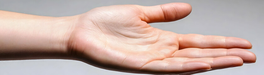 Close-up photograph of a light-skinned hand, palm open, fingers slightly spread, against a neutral gray background.