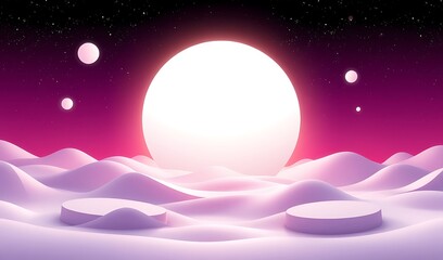Glowing Moonscape: 3D Render of Abstract Platforms Under a Night Sky. AI Generated