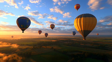 Obraz premium Sunrise Hot Air Balloons Soaring Over Scenic Landscape