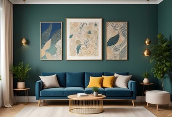 Photo modern style interior room 3d illustration with doodle abstract pattern