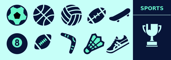 Sports SOLID icon set for logo and digital work. Rugby, football, basketball, american football, skateboard, boomerang, sneakers. Editable elements, size and color.