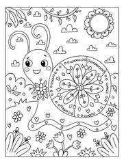 Cute black and white a cheerful snail in a whimsical garden on a white background. Vector illustration with insect in cartoon style. Children's coloring book.