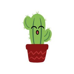 Funny cactus in kawaii style. Green cactus with eyes and open mouth, Succulent or cacti plant character in pot. Prickly houseplant with funny face and emotion. Cute home cacti