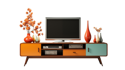 Elegant TV stand with decorative objects arranged beautifully, perfect for enhancing your living room�s design with functional furniture, isolated on transparent background.