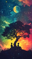 Obraz premium A silhouette of two people sitting under an old tree, with the background filled by vibrant colors representing different elements like water and fire