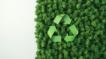 Environmental consideration concept, A green recycling symbol is prominently displayed against a textured background of lush greenery, emphasizing environmental sustainability.