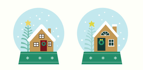 Naklejka premium Set of cute Christmas themed snow globe clipart. Set of Cute gingerbread house snowball flat vector stock illustration. Good for card,poster, banner, leaflet .