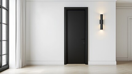 Fototapeta premium Simple black matte door with white walls, oak flooring, and black sconces.
