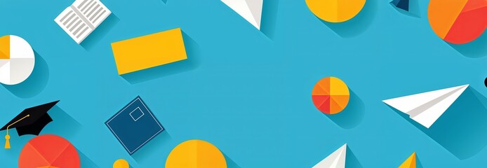 Bright and colorful abstract background with paper airplanes, graduation cap, and geometric shapes. Perfect for education, school, and knowledge themes.