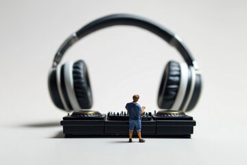 Miniature man stands by dj equipment, big headphones. Person operates music console. Scene represents music production, audio art. Concept for stock photo featuring miniature people, tech objects.