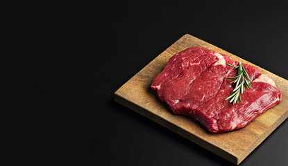 A slab of meat with rosemary on top of it. The meat is on a wooden cutting board