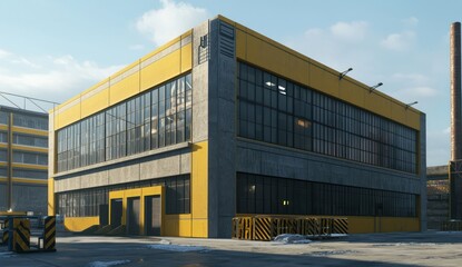 Industrial-design warehouse with yellow and grey design and black-framed windows.