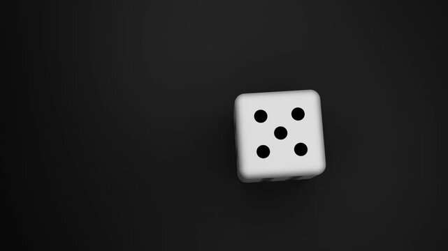 A 3D rendered video of a single dice rolling on a black surface and stopping at number 5 with five black dots, ideal for casino or gambling themes.