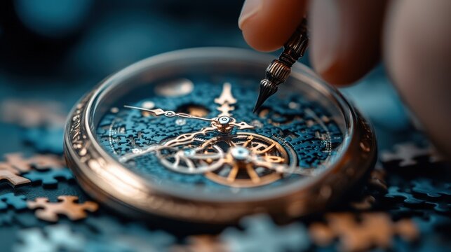 A hand delicately works on a detailed clock mechanism, surrounded by vivid puzzle pieces, symbolizing the intricate relationship between time and creativity.