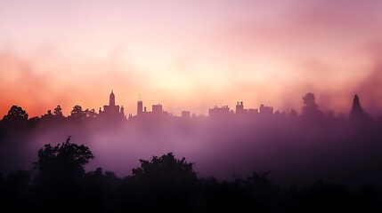 Fototapeta premium Silhouette Cityscape at Sunrise Misty Morning