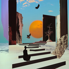Pathway with Sacred Sun and Symbolic Birds in Abstract Landscape