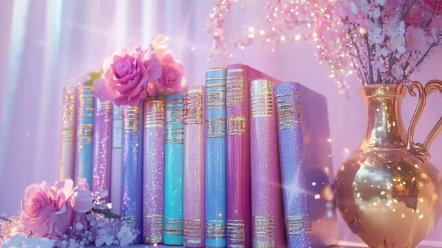 A stack of books with glittering spines and pastel colorful aesthetic vintage book cover. International book day. copy space. Video footage.