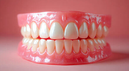 Obraz premium A close up of a fake pink tooth with a pink background. The tooth is fake and has a white base