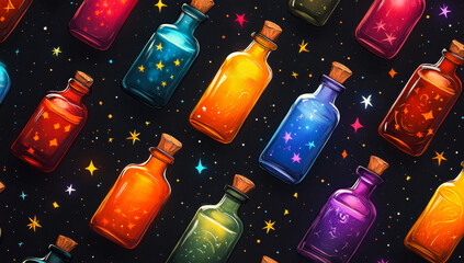 A colorful array of bottles with stars on them. The bottles are arranged in a pattern and are all different colors