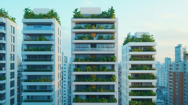 Environmental consideration concept, Modern, eco-friendly buildings with lush greenery on balconies, showcasing urban architecture and sustainability in a vibrant cityscape.