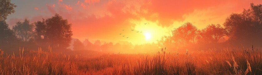 Obraz premium A sunset over the grasslands, with warm light on the tall grass