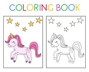 Children's coloring book. A cute pink unicorn with stars coloring page. Colorful vector illustration, coloring page for kids.