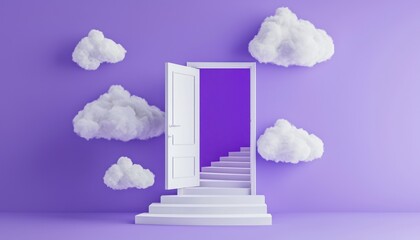 A 3D door with clouds and stairs, framed by a minimalist purple backdrop.