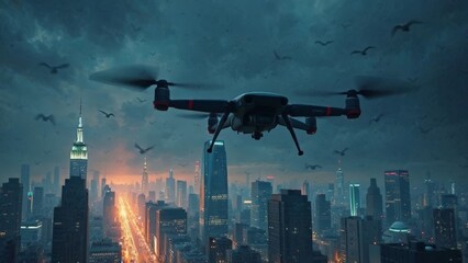 A combat drone over a burning city at night.