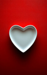 A white heart shaped plate is placed on a red background. The heart is the main focus of the image, and it is a symbol of love or affection. The red background adds a sense of warmth