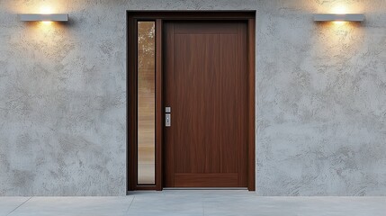 A sleek mahogany door with sidelite and soft outdoor lighting for a welcoming modern entrance.