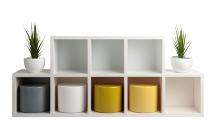 A sleek white cube shelf, perfect for displaying books, plants, or decorative items in your modern living room or office, isolated on transparent background.