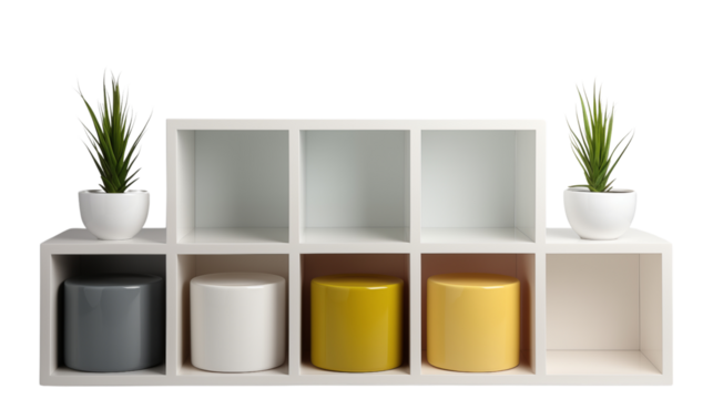 A sleek white cube shelf, perfect for displaying books, plants, or decorative items in your modern living room or office, isolated on transparent background.