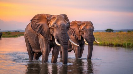 Naklejka premium Environmental consideration concept, Two elephants wade through shallow water at sunset, surrounded by lush greenery and a colorful sky, creating a serene wildlife scene.