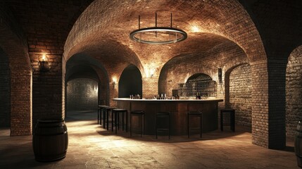 Elegant, dimly lit brick cellar bar with arched ceilings and wooden bar.