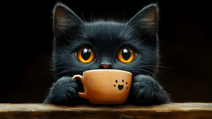 A black cat is sitting on a table with a cup in front of it. The cat is looking at the camera with a curious expression. Concept of playfulness and curiosity
