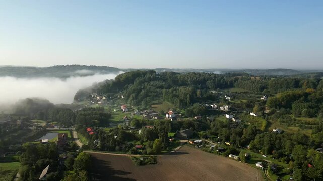The village of Brodnica Dolna and surrounding farms. Kashubia district, Poland.