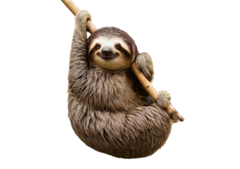 Adorable sloth smiling while gripping a stick  isolated on transparent or white background