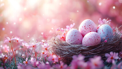 A nest of eggs with pink and white speckles sits in a field of pink flowers. Concept of warmth and comfort, as the eggs are surrounded by the beauty of nature