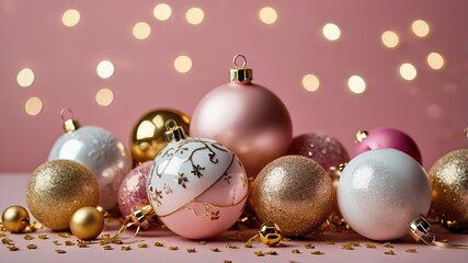 Fototapeta premium A stylish arrangement of gold, white, and pink Christmas baubles on a pink backdrop creates a festive atmosphere. Ideal for holiday greetings and new year celebrations