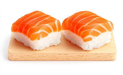 Two pieces of sushi on a wooden board. The sushi is cut in half and is sitting on a white background