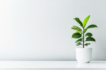 Fototapeta premium Green plant in white pot on neutral background