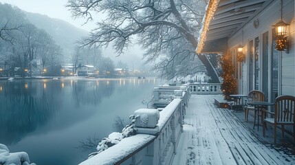 A winter morning scene with a cozy ambience, of the view from the balcony, under the porch covered with light snow, overlooking to the lakeside.
