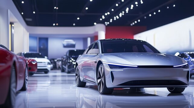 Modern electric vehicle showcased in car showroom. Sleek design, futuristic features of new eco car. Clean lines, polished finish. Advanced tech, eco friendly transportation. Electric vehicle display
