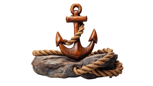 Nautical wooden anchor decor wrapped in rustic rope. A perfect coastal-themed accessory for home or office interiors, isolated on transparent background.