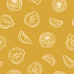 Hand drawn halves and slices of bergamot on dark yellow background seamless pattern