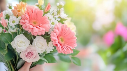 Fototapeta premium Florist Arranging Colorful Gerbera Bouquet in White Ceramic Pot